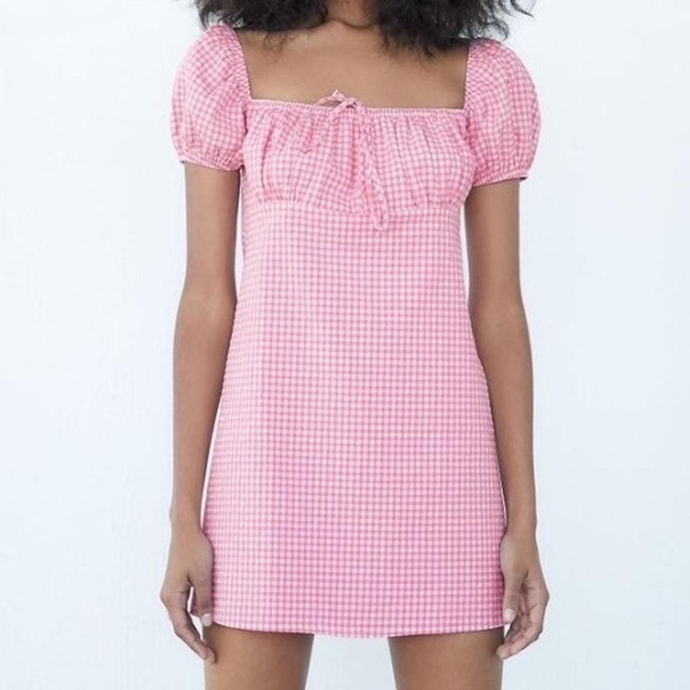 Zara Pink Gingham Puff-Sleeve Mini Dress